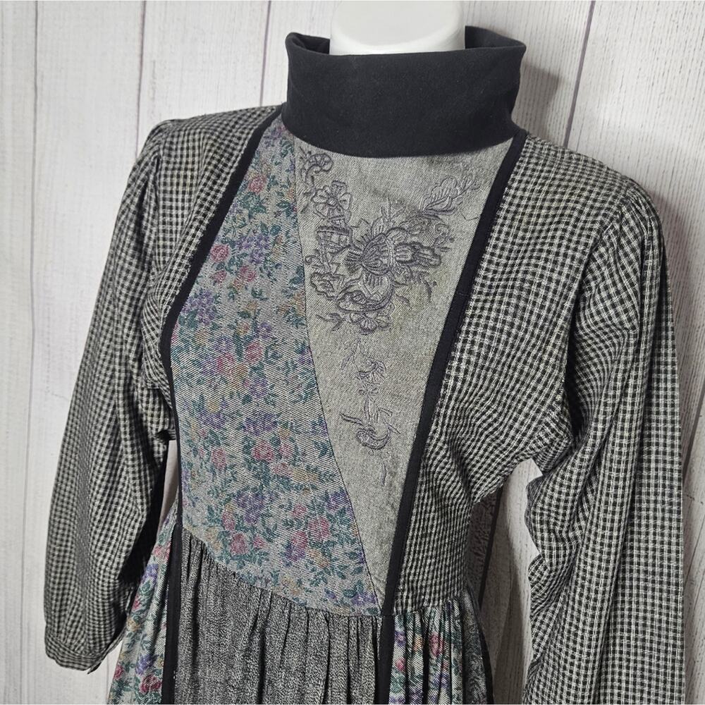 VTG 70s Phool Plaid Floral Embroidered India Rayon Prairie Dress, sz Small - Picture 3 of 8